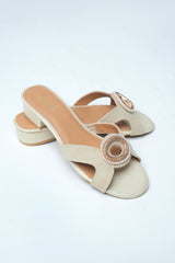 Womens leather block heels in beige colour with 3D texture and diamante buckle by JULKE