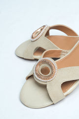 Womens leather block heels in beige colour with 3D texture and diamante buckle by JULKE