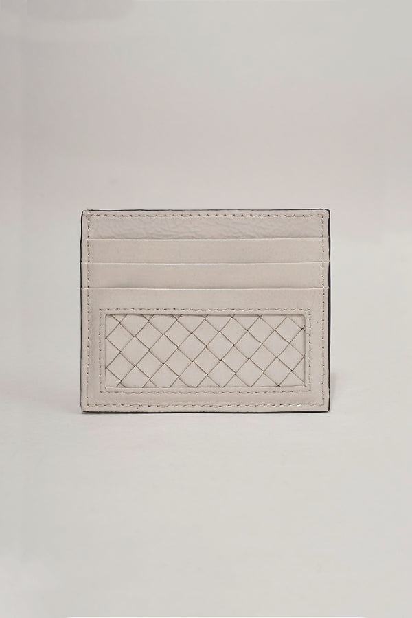 Unisex leather card holder in white colour with woven patch and hidden pocket by JULKE