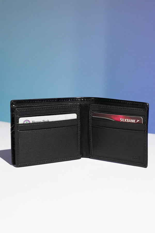 Mens leather bifold wallet in black colour with white contrast stich and metallic hardware by JULKE