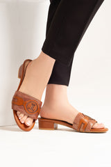 Women leather block heel slides in brown colour with laser cutting and shiny strap by JULKE