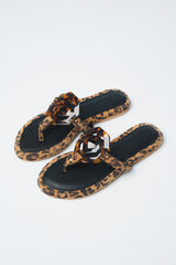 Womens leather flat suede thongs in cheetah print with comfort foam padding and resin buckle by JULKE 