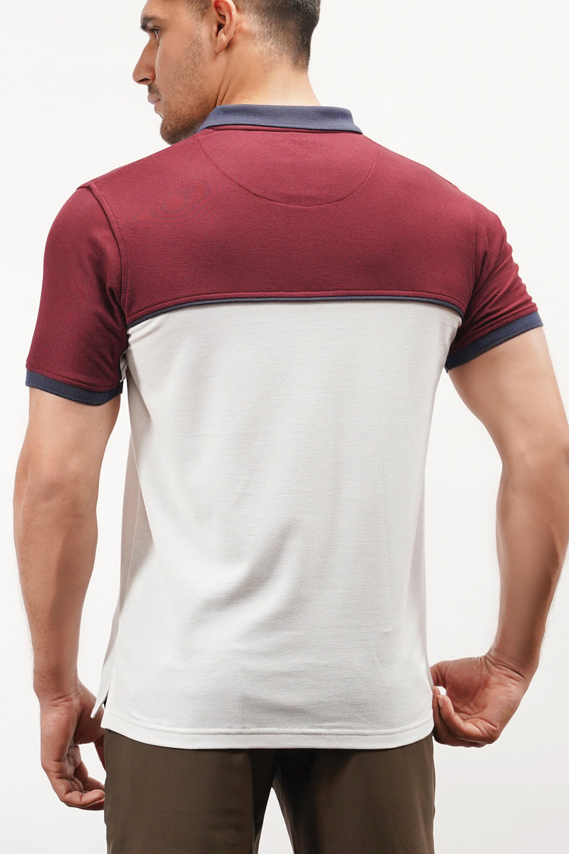 Mens polo shirt in burgundy and white colour with blue contrast collar and tipped sleeves by JULKE