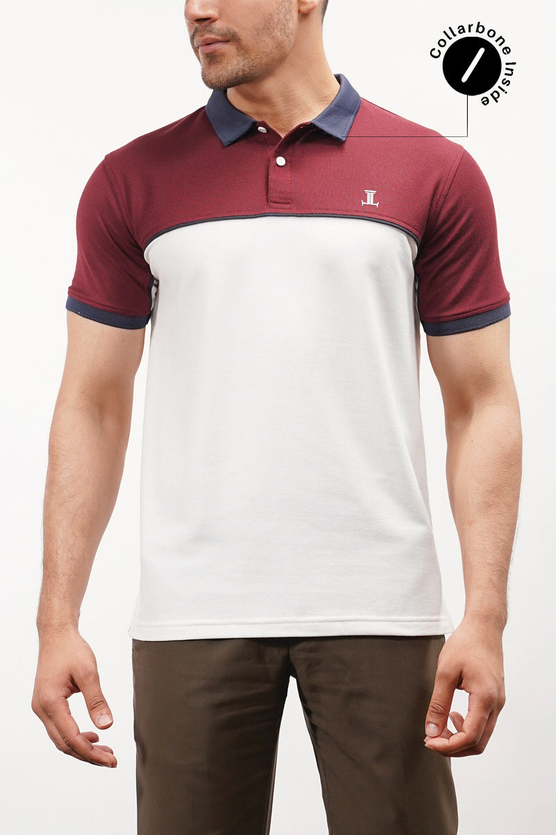 Mens polo shirt in burgundy and white colour with blue contrast collar and tipped sleeves by JULKE