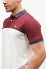 Mens polo shirt in burgundy and white colour with blue contrast collar and tipped sleeves by JULKE