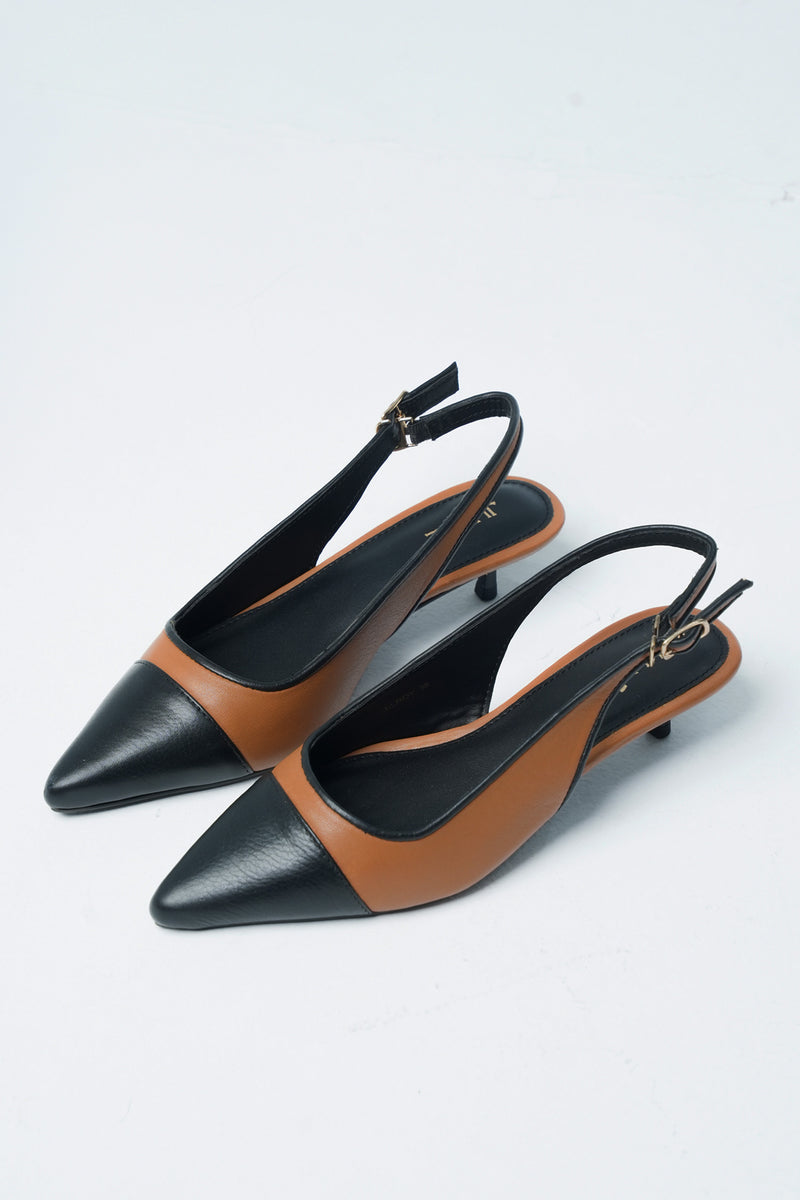 Womens leather kitten heels in tan and black colour with slingback and pointed toe by JULKE