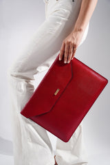 Unisex leather laptop sleeve in red colour with reptile texture by JULKE