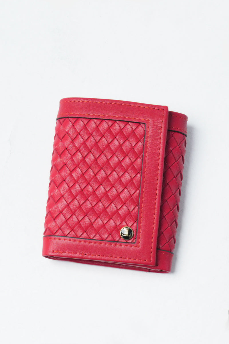 Womens leather trifold wallet in red colour with braiding and metal logo by JULKE