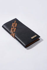 Mens leather long wallet in black colour with brown weaving by JULKE