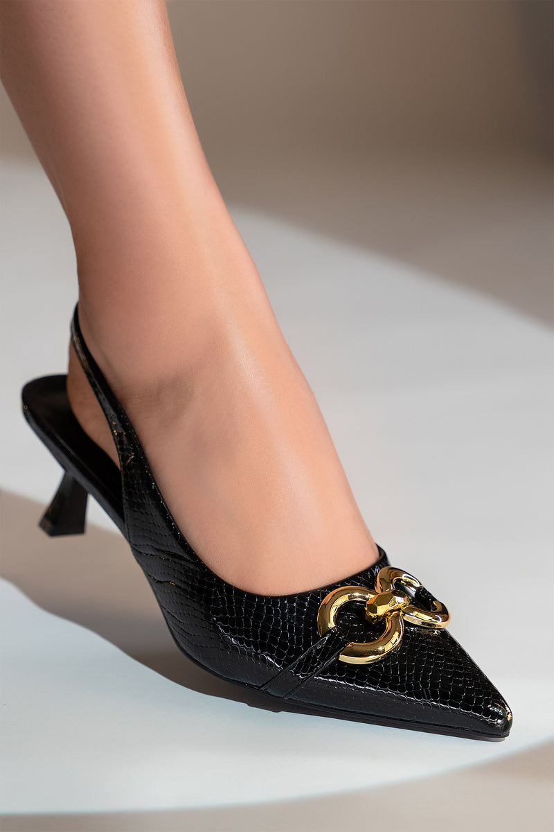 Women's slingback pointed toe heels in black colour with glossy reptile texture and gold double circle  buckle by JULKE