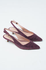 Womens leather kitten heels in purple plum colour with slingback and pointed toe by JULKE