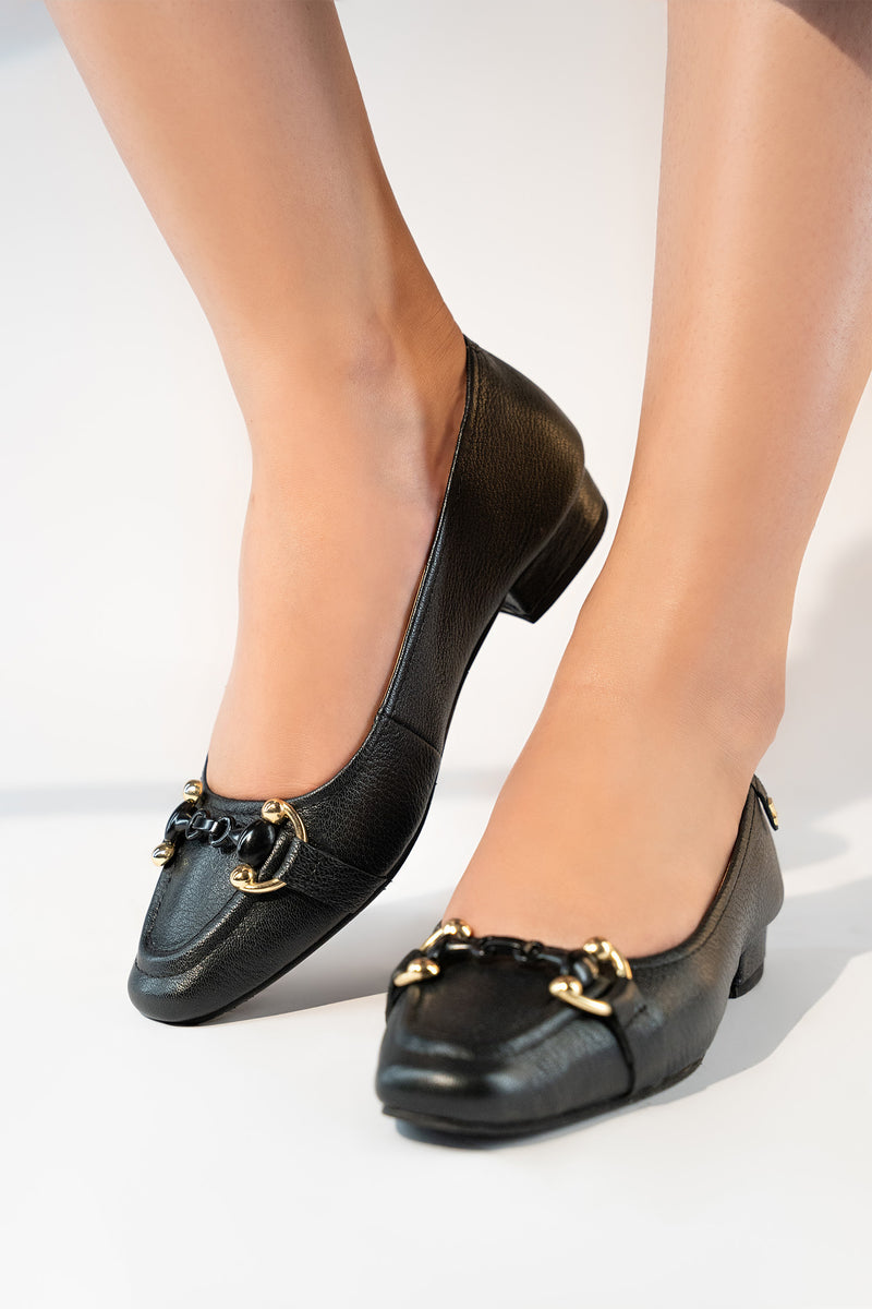 Women's leather block heel pumps in black colour with gold & white horseshoe buckle and square toe by JULKE