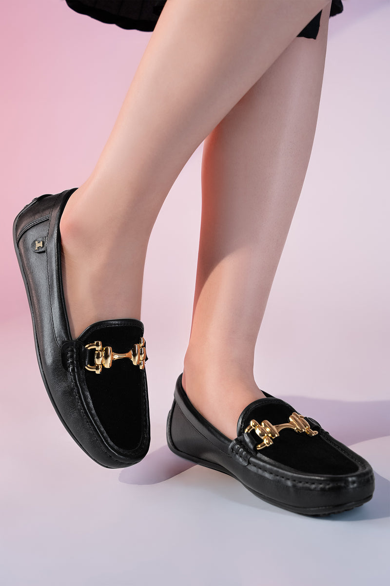 Womens leather and suede moccasins in black colour with gold metallic horse-bit buckle and moc stitch toe By JULKE