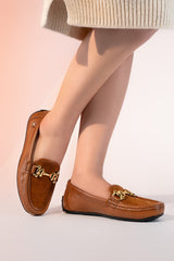 Womens leather and suede moccasins in brown colour with gold metallic horse-bit buckle and moc stitch toe By JULKE