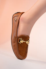 Womens leather and suede moccasins in brown colour with gold metallic horse-bit buckle and moc stitch toe By JULKE