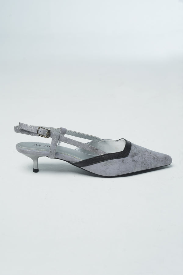 Womens leather kitten heels in grey colour in floral print with slingback and pointed toe by JULKE