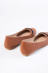 Womens leather flat pumps in tan colour with chain buckle by JULKE 