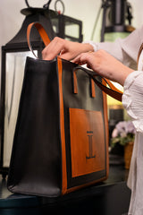 Womens leather tote bag in black and orange colour in large size by JULKE