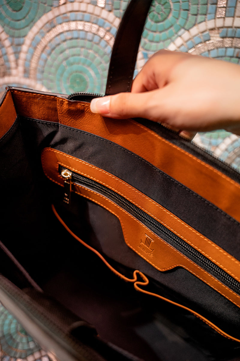 Womens leather tote bag in orange and black colour in large size by JULKE