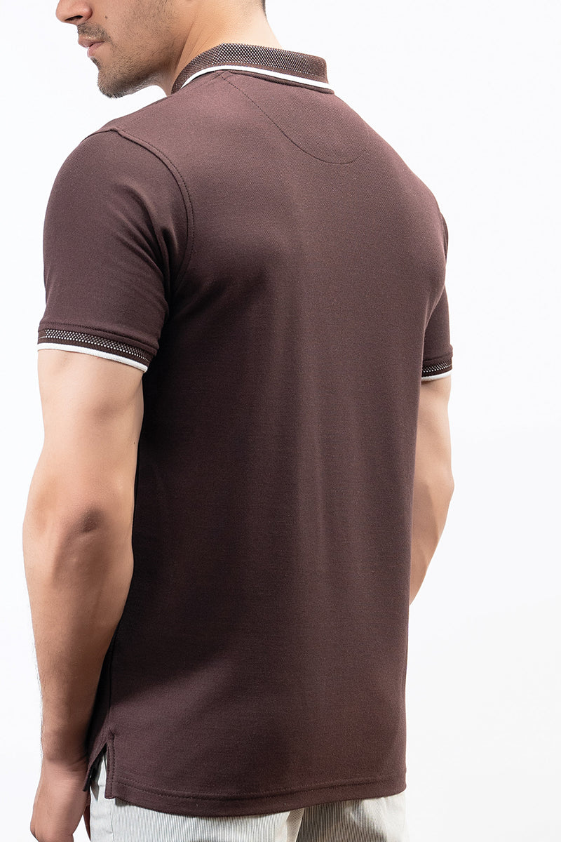 Mens summer polo shirt in dark maroon colour with ribbed collar and sleeves and white contrast tipping by JULKE