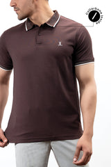 Mens summer polo shirt in dark maroon colour with ribbed collar and sleeves and white contrast tipping by JULKE