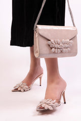 Womens leather shoulder clutch bag in light pink colour with diamante leaf brooch silver chain and matching heels by JULKE