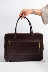 Womens leather laptop bag in dark brown colour with croc texture by JULKE