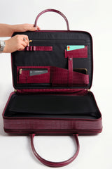 Womens leather laptop bag in maroon colour with croc texture by JULKE