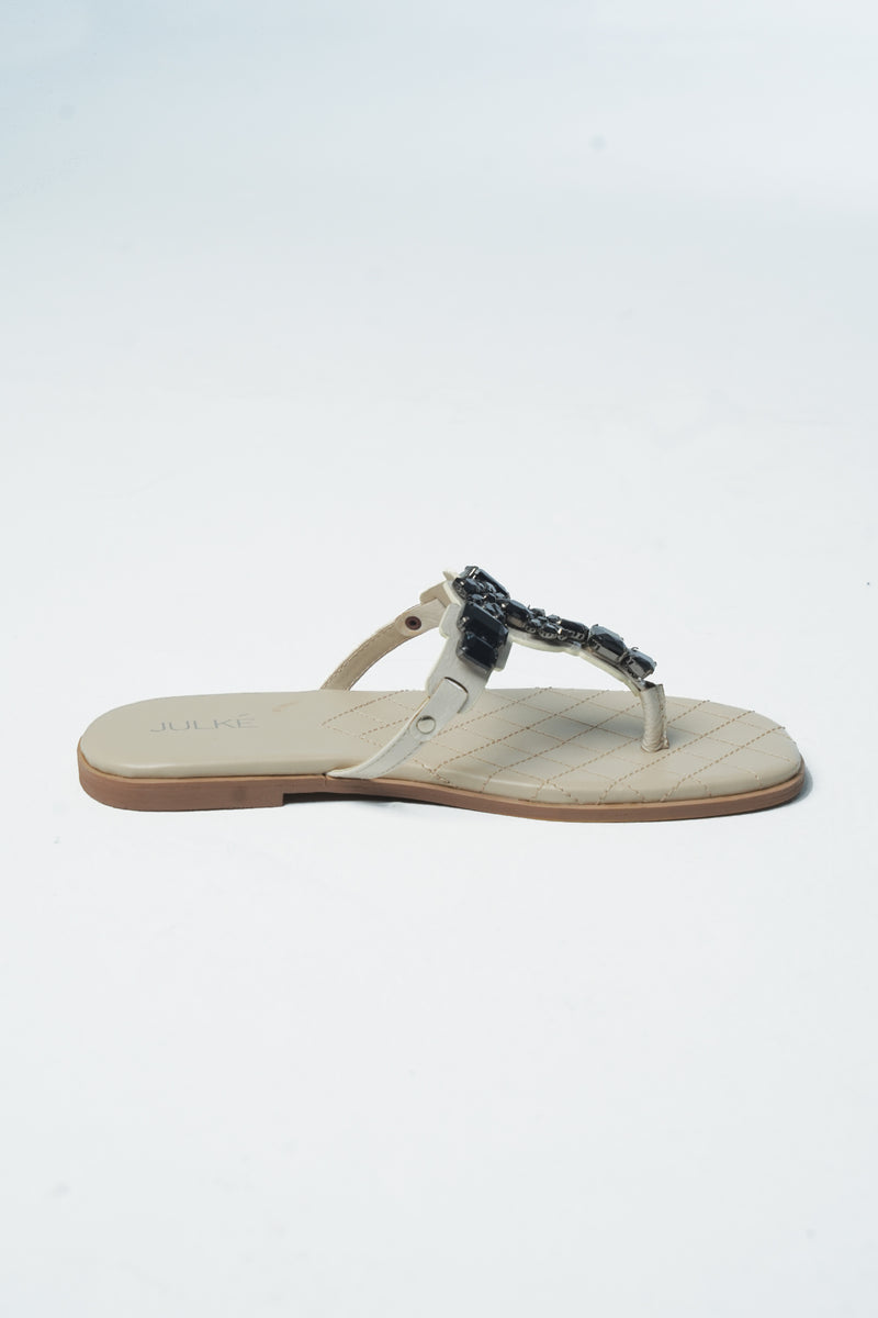 Women summer flat shoes in thong style in off white colour with black rhinestones by JULKE