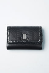 Womens leather shoulder bag in black colour with snake texture border and silver chain and logo by JULKE