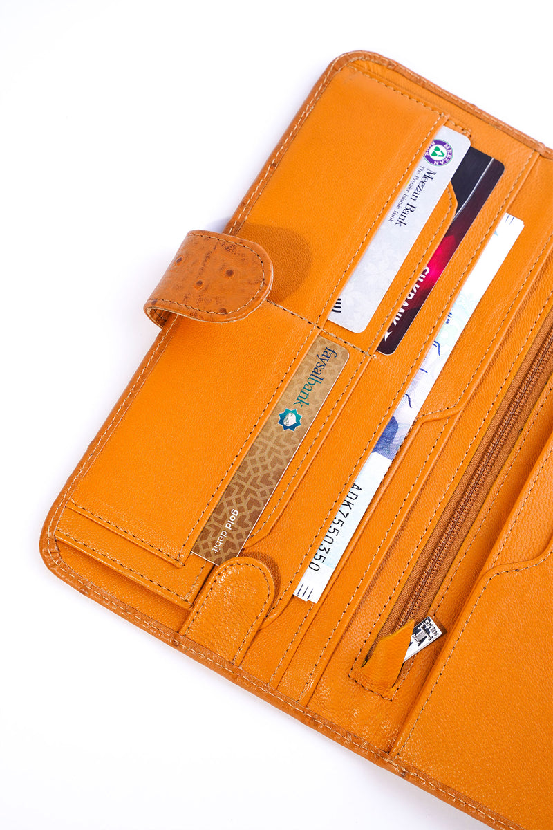 Womens original leather long wallet with ostrich texture in yellow orange colour by JULKE