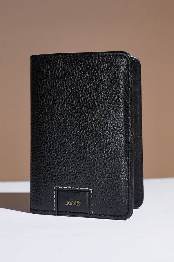 Mens leather bifold passport wallet in black colour with croc texture and contrast stitching by JULKE