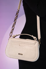 Women's leather top handle shoulder bag in white colour with snake print & texture by JULKE 