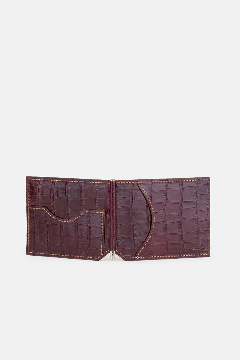 Mens original leather card holder & money clip with crocodile texture in burgundy colour by JULKE