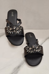 Women leather summer flats in black colour with croc texture and diamantes by JULKE