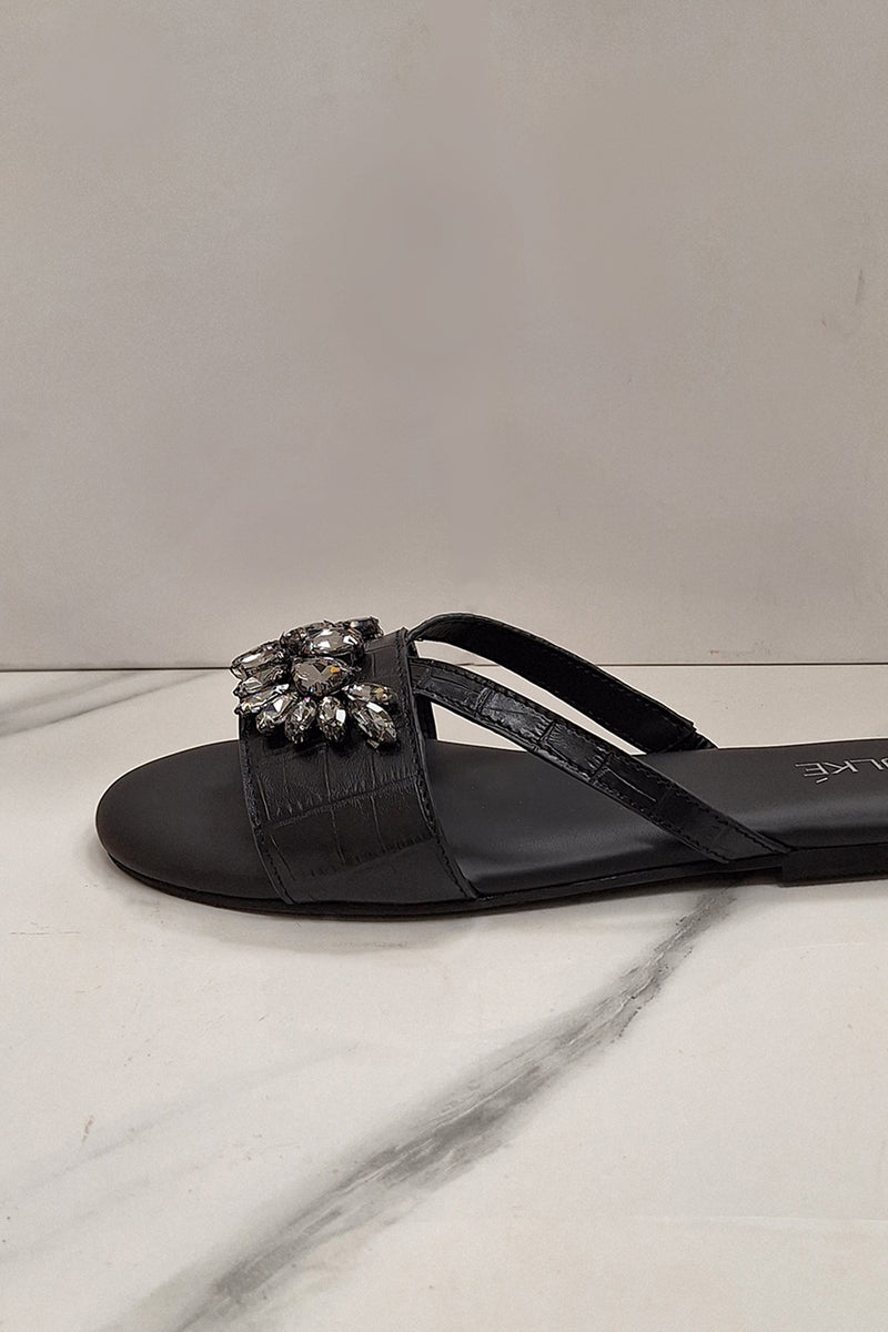 Women leather summer flats in black colour with croc texture and diamantes by JULKE