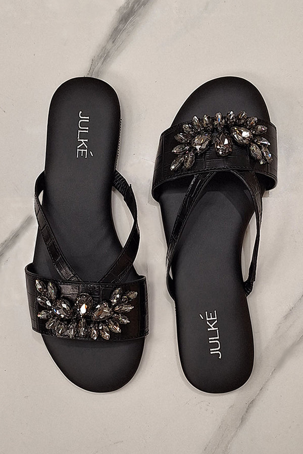 Women leather summer flats in black colour with croc texture and diamantes by JULKE