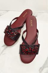 Women leather summer flats in maroon colour with croc texture and red diamantes by JULKE