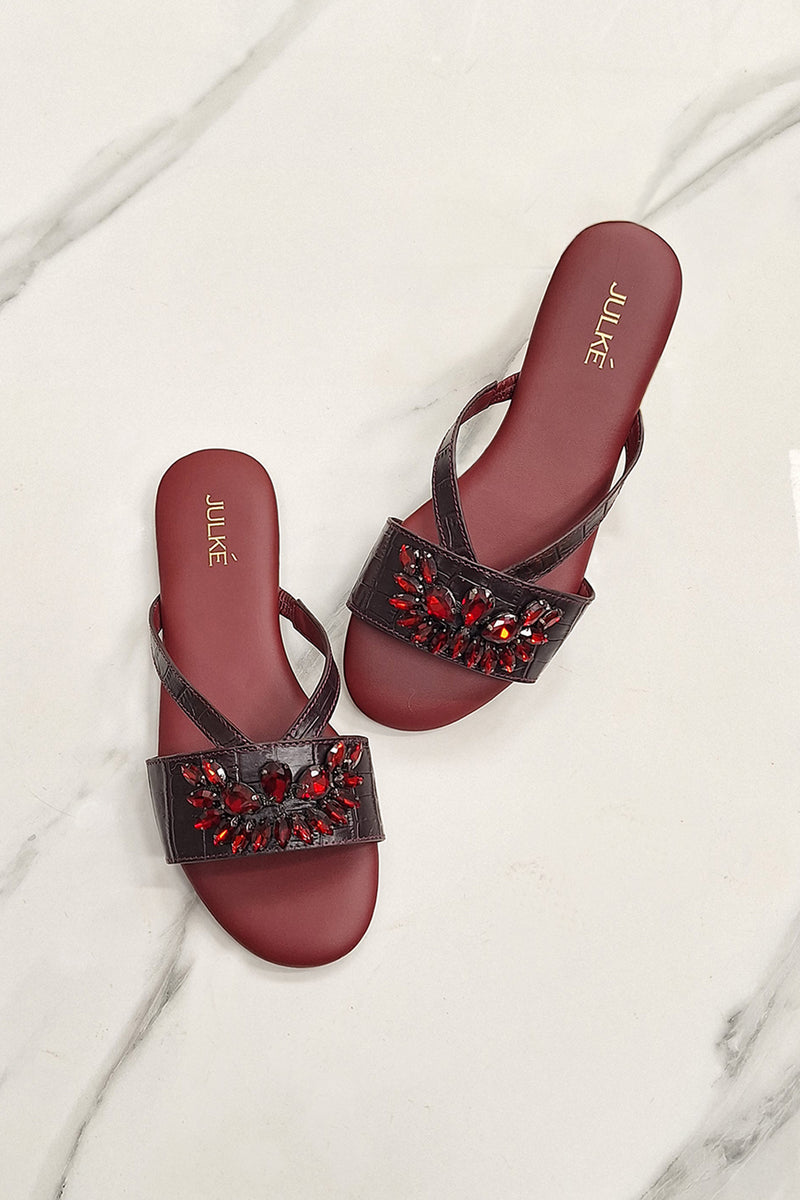 Women leather summer flats in maroon colour with croc texture and red diamantes by JULKE