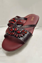 Women leather summer flats in maroon colour with croc texture and red diamantes by JULKE