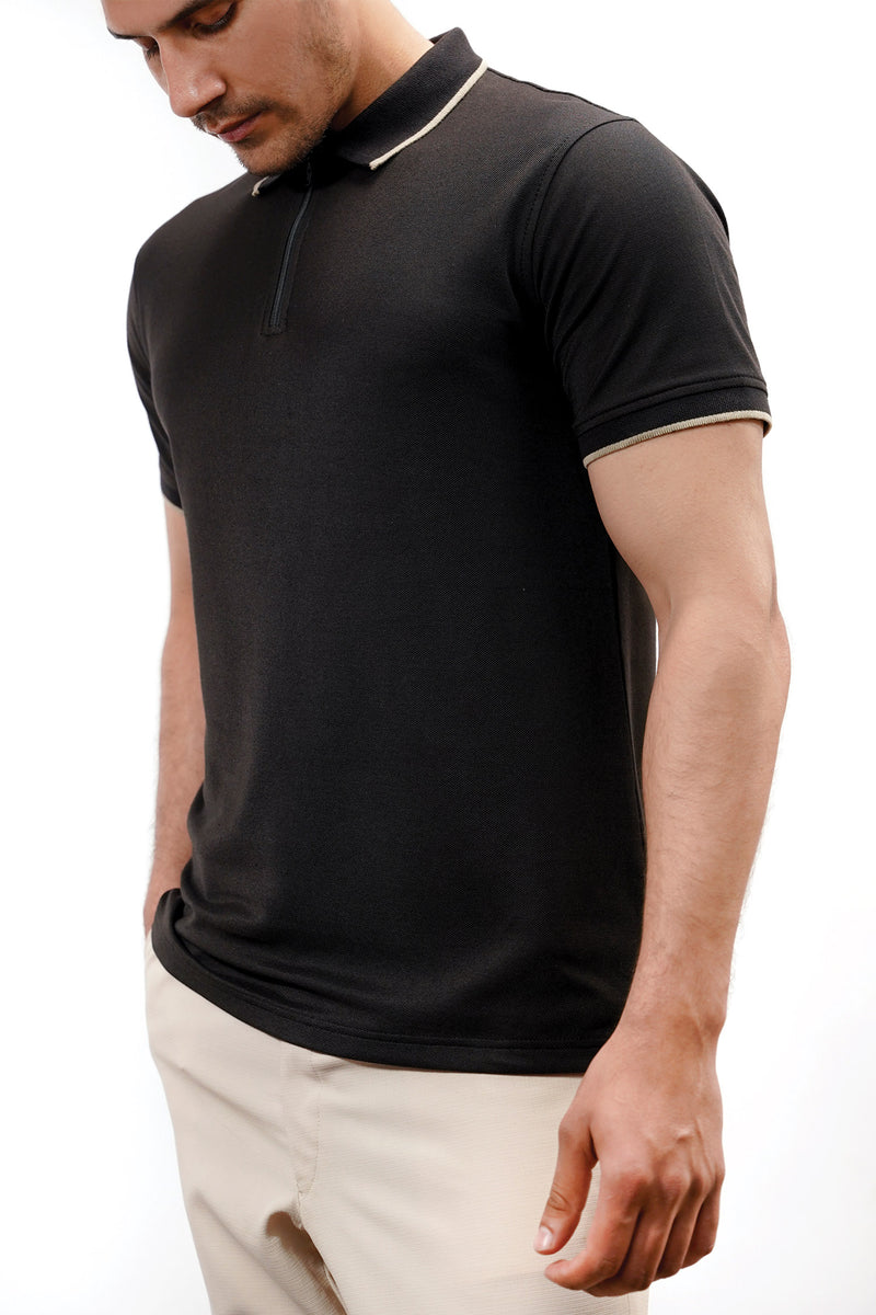 Mens polo shirt in black colour with zipper plackett and beige contrast tipped collar and sleeves by JULKE