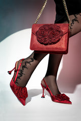 Womens satin slingback heels in dark red colour in pointed toe with diamante flower brooch and matching bag by JULKE