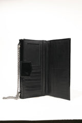 Womens leather clutch wallet in black colour with pockets and metallic long silver chain by JULKE 