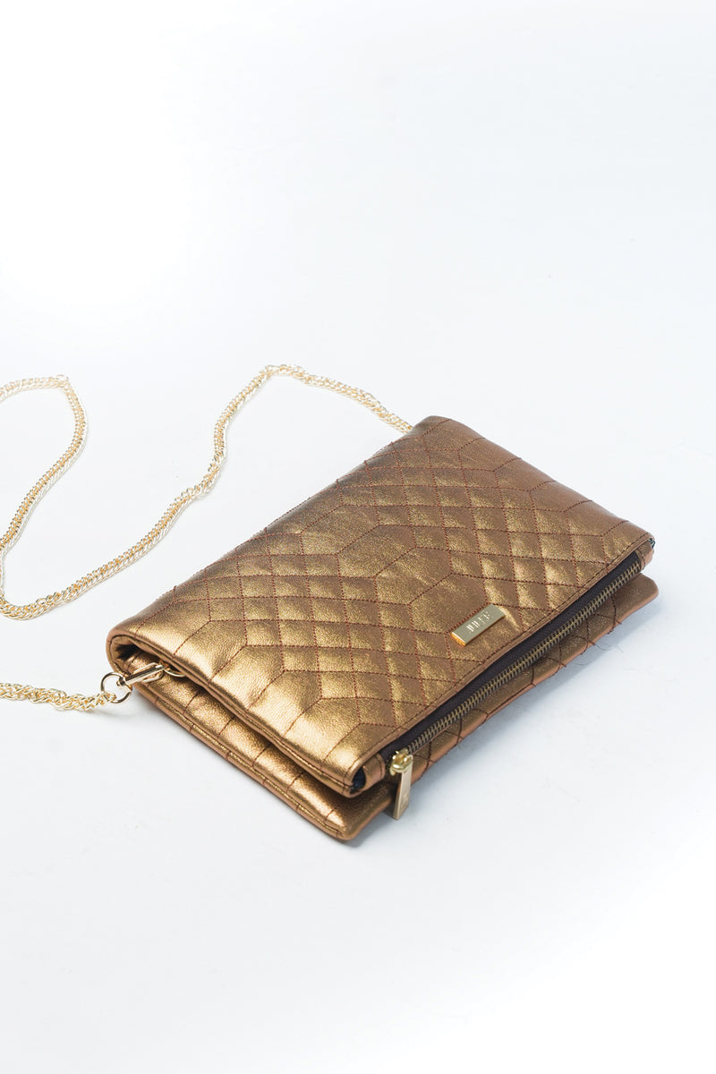 Womens leather shoulder bag clutch in bronze colour with quilting and gold metal chain by JULKE