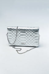 Womens leather shoulder bag clutch in silver colour with quilting and gold metal chain by JULKE