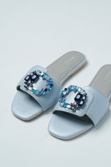 Womens leather flats in light blue colour with zircon diamante buckle and foam padded strap by JULKE