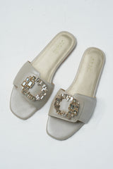 Womens leather flats in off white colour with zircon diamante buckle and foam padded strap by JULKE