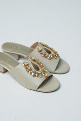 Womens leather block heels in off white colour with keyhole design and diamante & gem buckle by JULKE