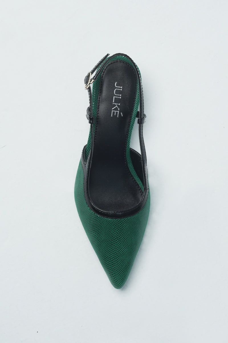 Womens leather kitten heels in green colour in reptile texture with slingback and pointed toe by JULKE