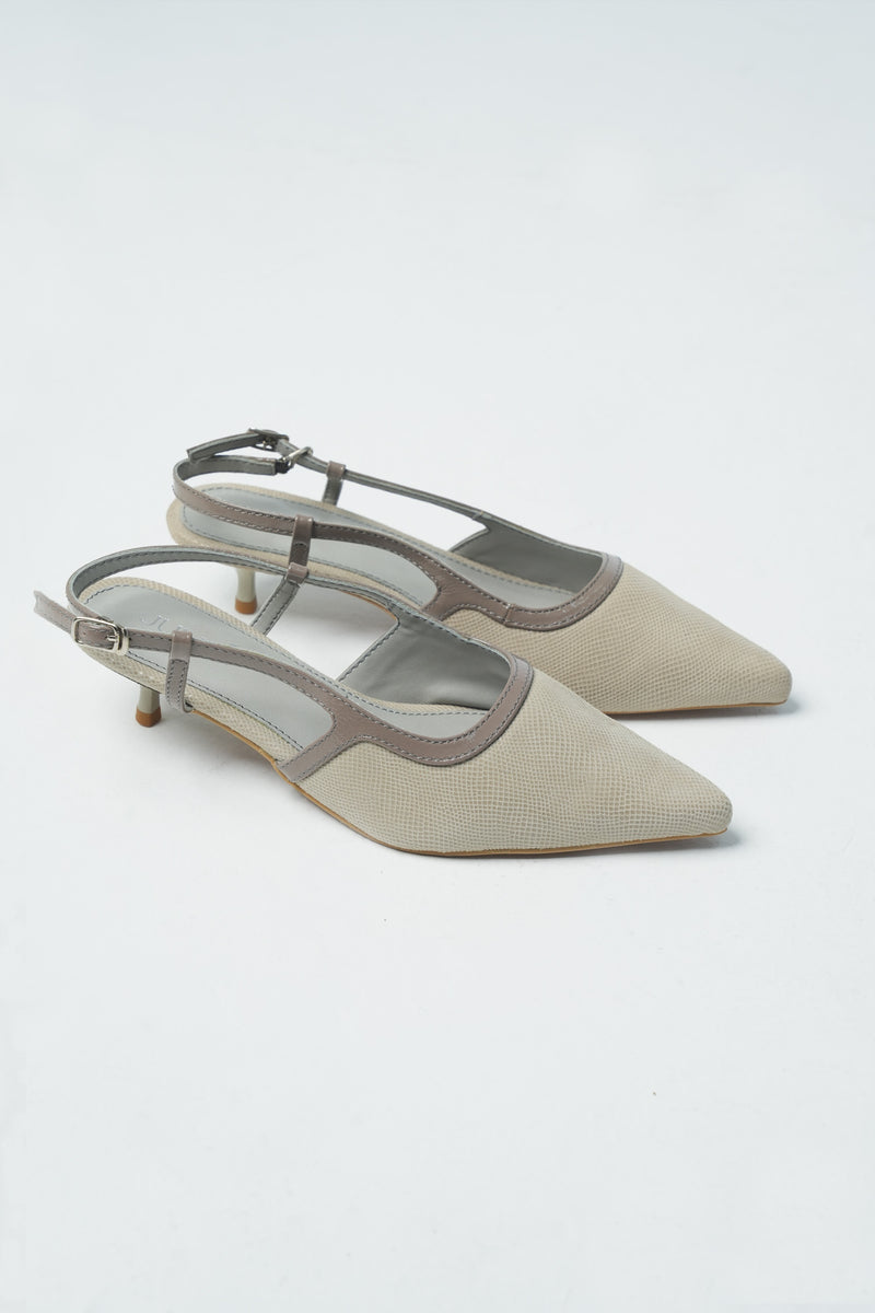 Womens leather kitten heels in off white and light grey colour in reptile texture with slingback and pointed toe by JULKE